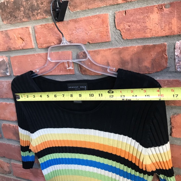 August Silk Ribbed 100% Silk Knit Sweater Top Stretch Crew Stripes Rainbow Black - Picture 7 of 11